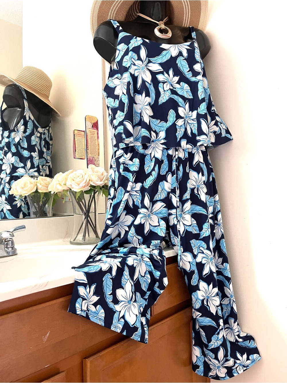 NAÏF Blue Floral Jumpsuit LARGE Women’s Overall Stretch Flowers Wide Leg